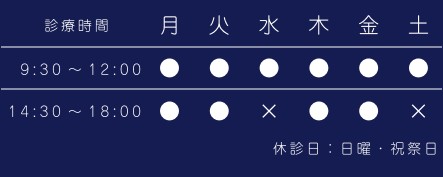 診療時間（9：30～12：00→月～土）、（14：30～18：00→月、火、木、金）、休診（14：30～18：00→水、土）